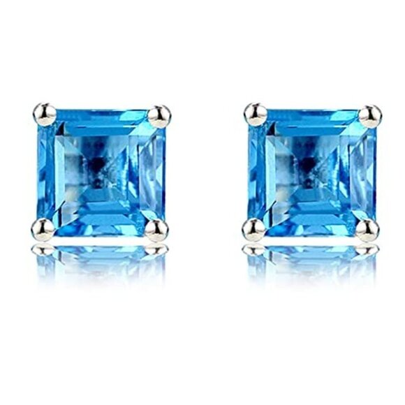 18k White Gold Plated Lake Blue Square Stud Earrings - Picture 4 of 4